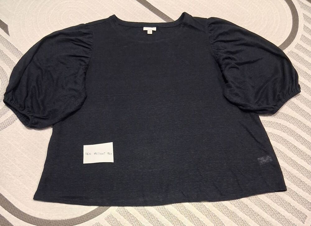 J.jill womens xlarge blue blouse 100% linen puffer sleeve classic minimalist - Picture 2 of 7